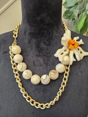 Gold Tone Double Chain Cream Beaded Orange Floral Charm Necklace